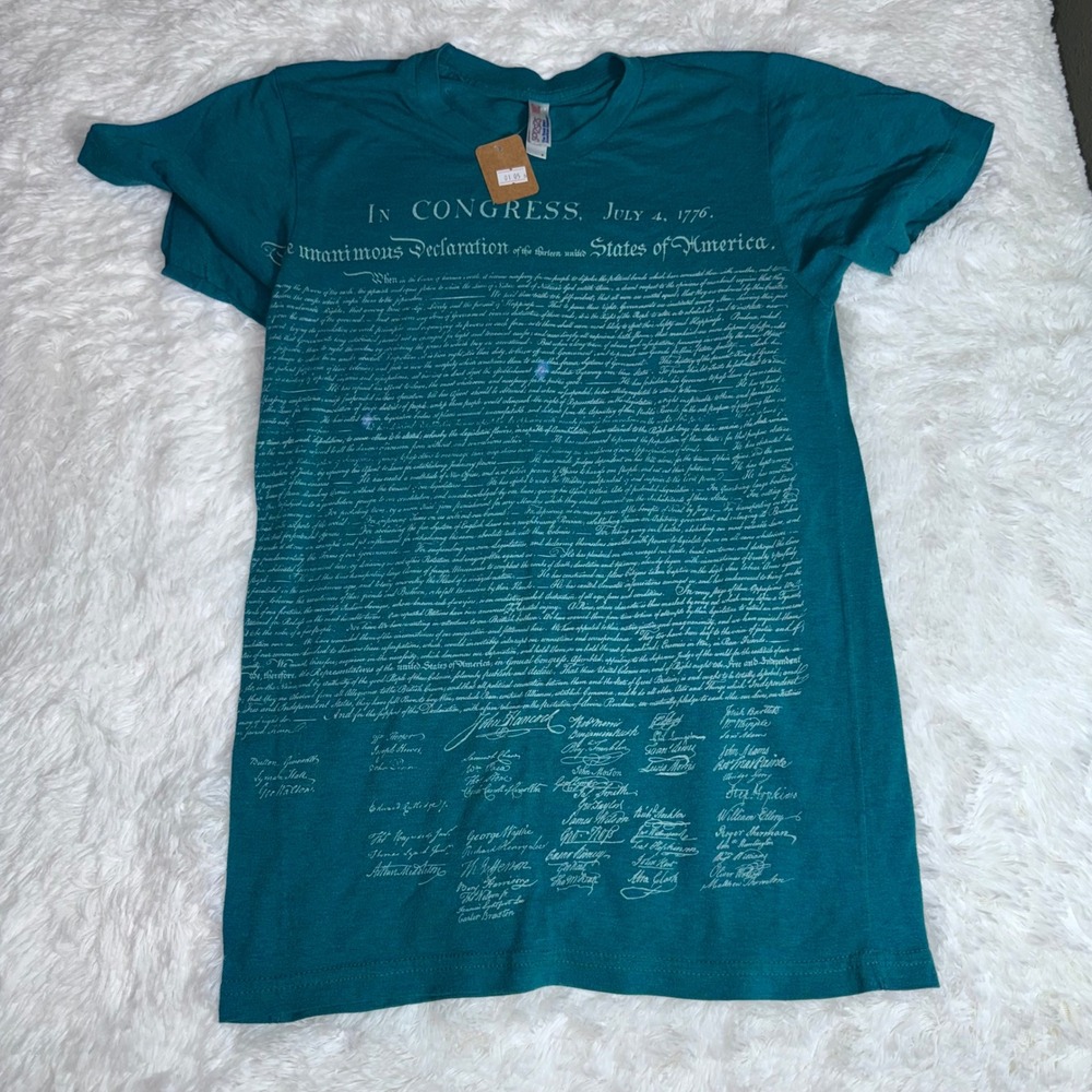 American Apparel Declaration of Independence Shirt Mens Small Teal Excellent